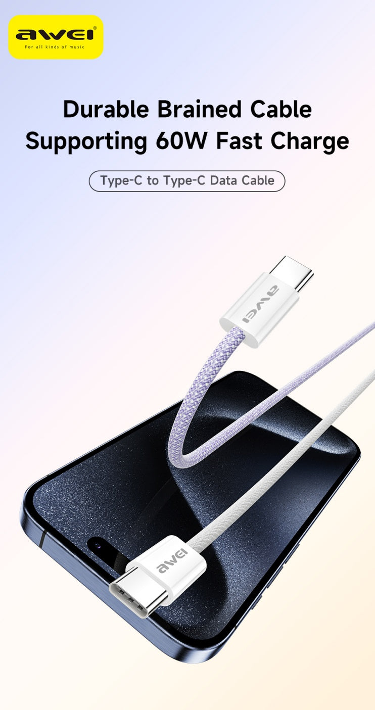 AWEI TYPE-C To TYPE-C Braided Rope 60W Fast Charging Cable 2m