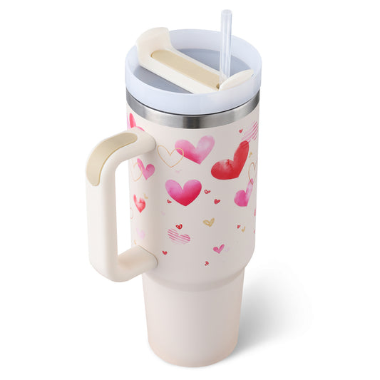 40 oz Insulated Stainless Steel Tumbler with Handle & Straw – Spill Proof