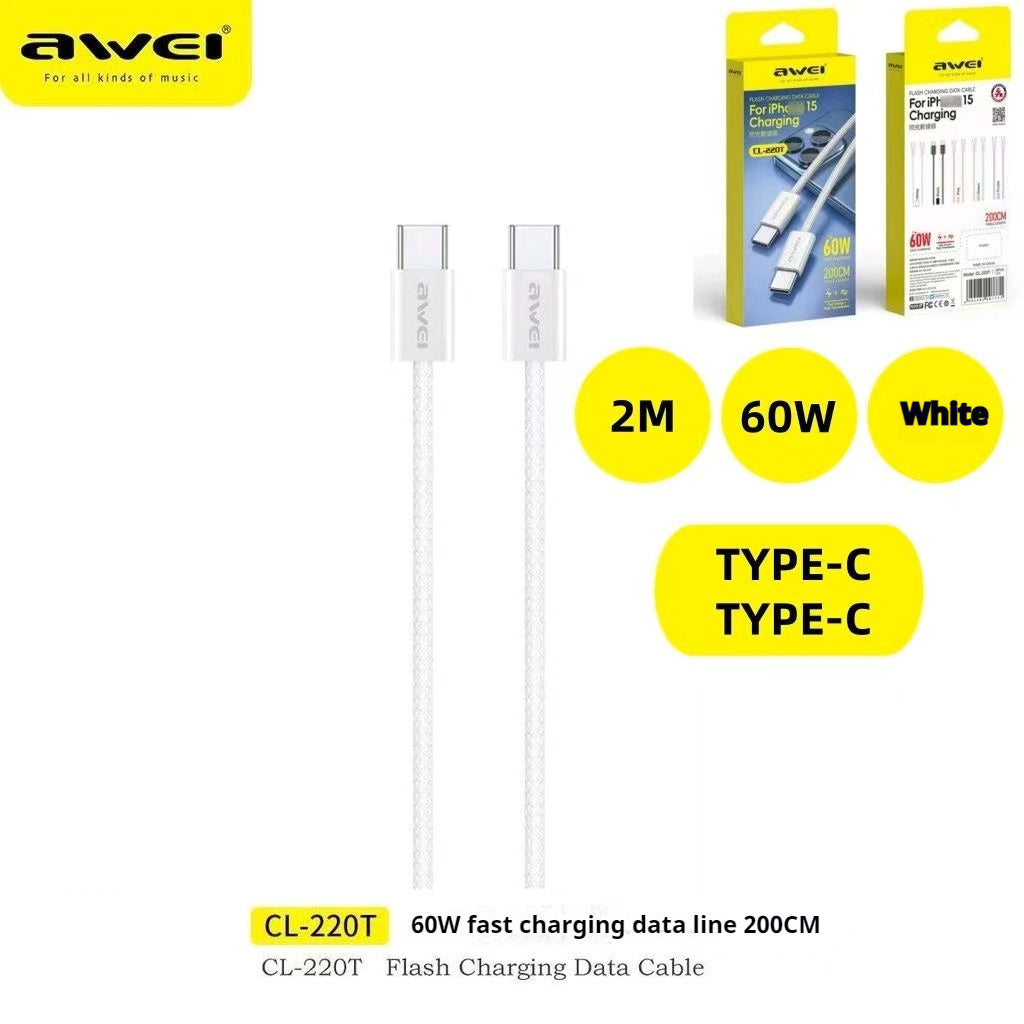 AWEI TYPE-C To TYPE-C Braided Rope 60W Fast Charging Cable 2m