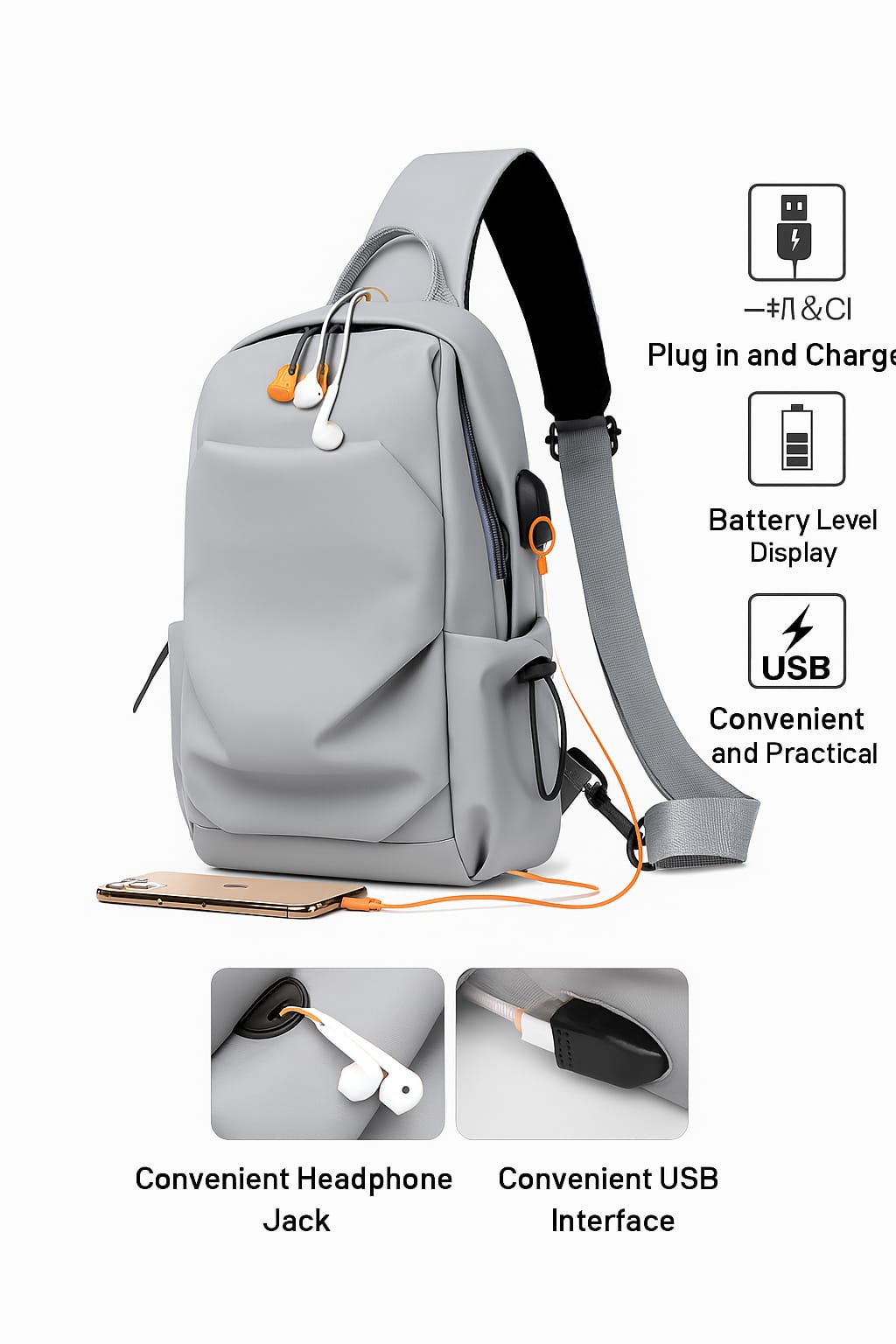 Smart Sling Backpack with USB Charging & Headphone Port – Sleek, Modern & Travel-Ready