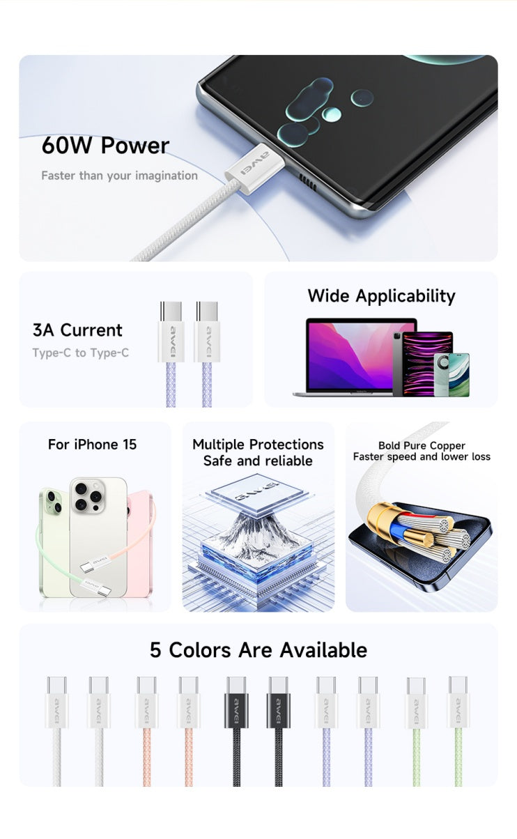 AWEI TYPE-C To TYPE-C Braided Rope 60W Fast Charging Cable 2m