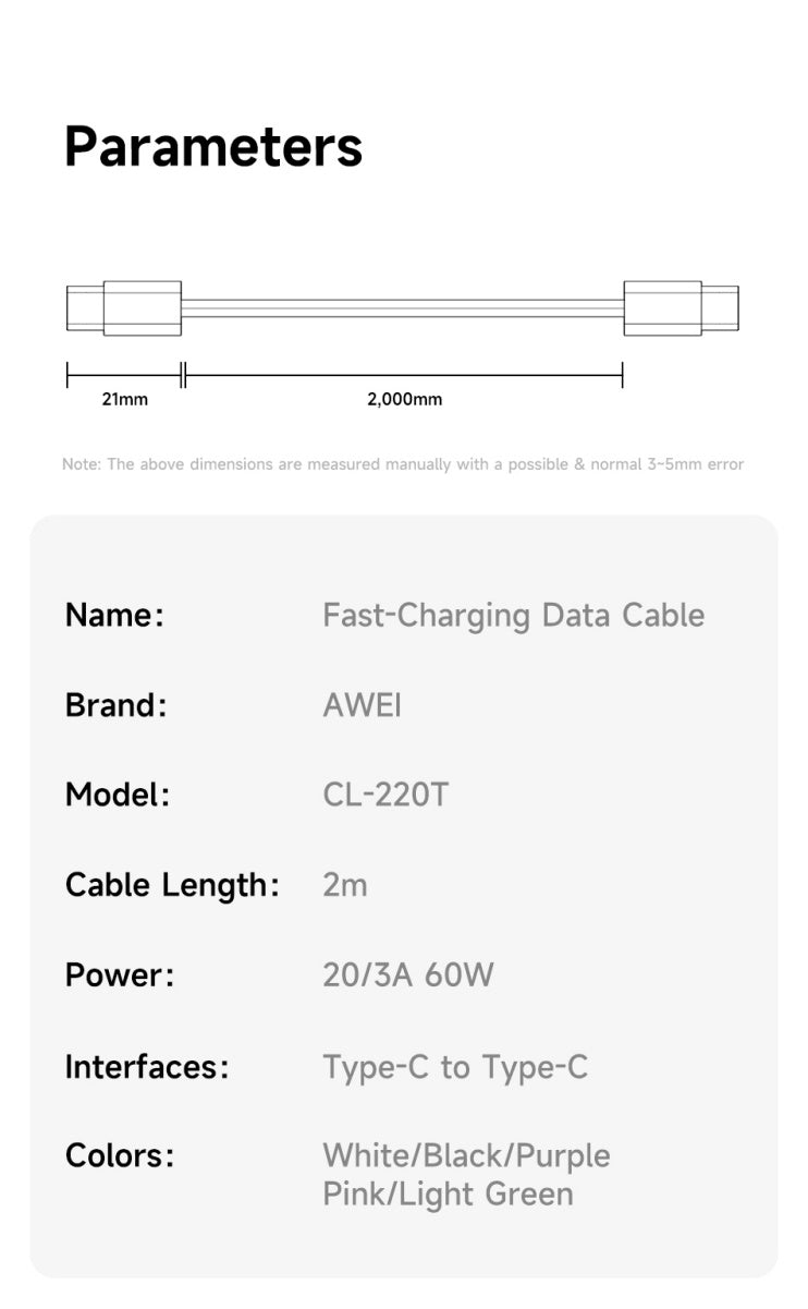 AWEI TYPE-C To TYPE-C Braided Rope 60W Fast Charging Cable 2m