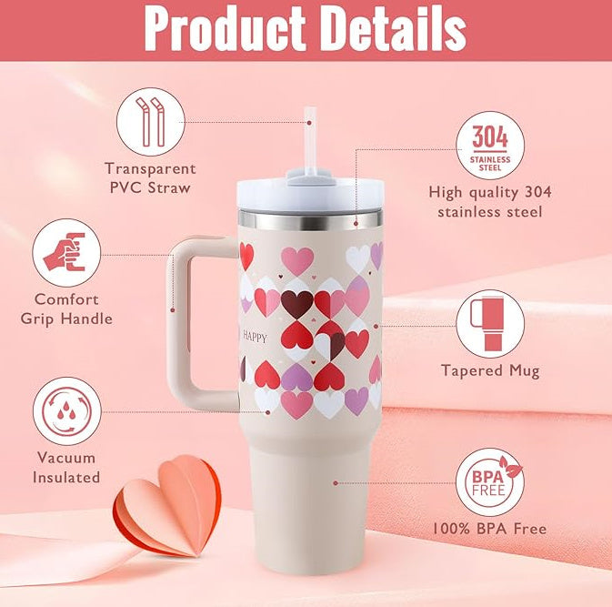 40 oz Insulated Stainless Steel Tumbler with Handle & Straw – Spill Proof